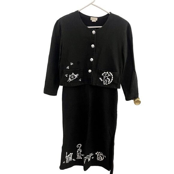 VTG 80s/90s Blazer and Tank Black/White Cat Dress. Pockets Sz Small - Picture 1 of 7